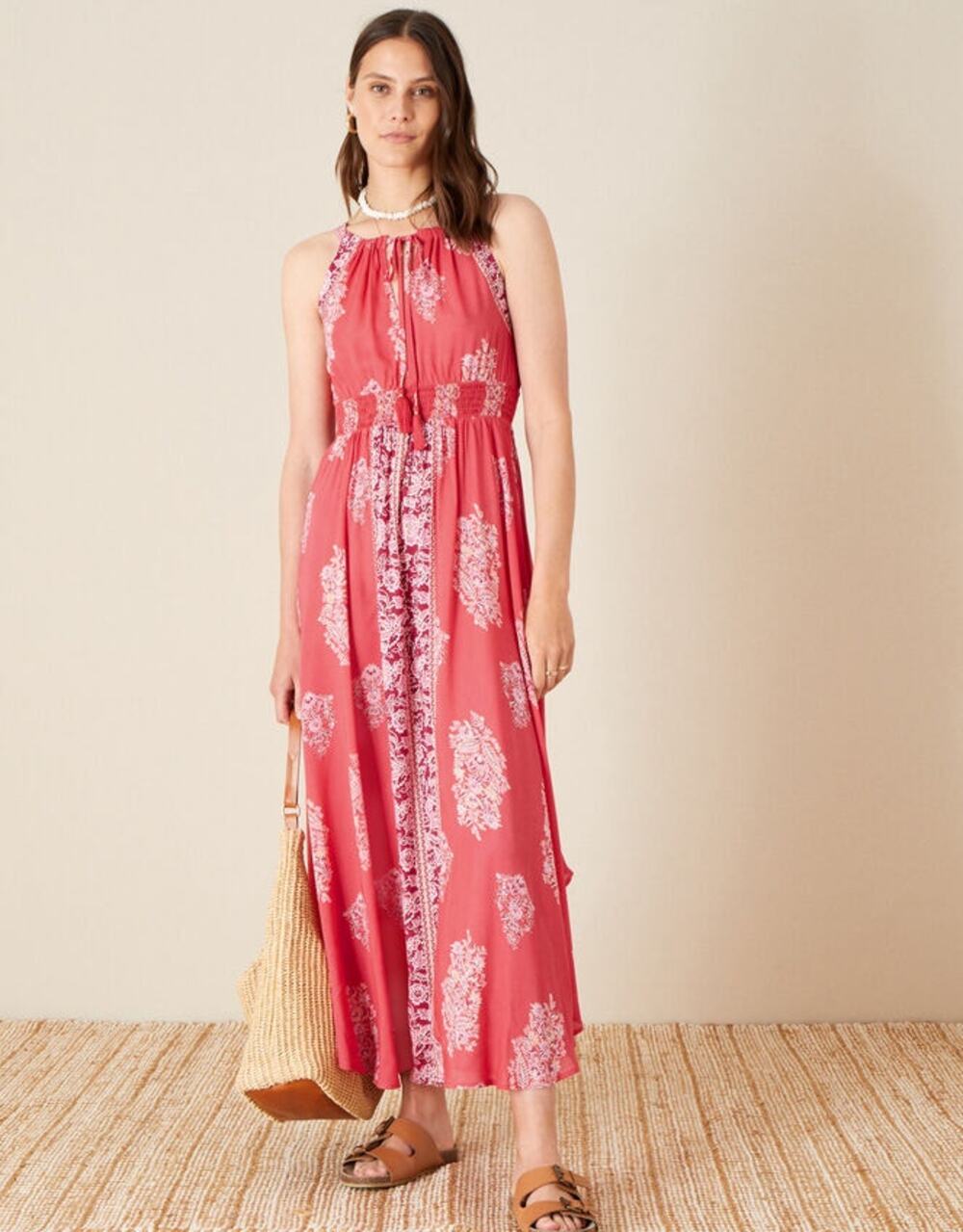 NEW Monsoon Beach Boho Floral Print Maxi Dress Red Pink Coral Flowy Sleeveless